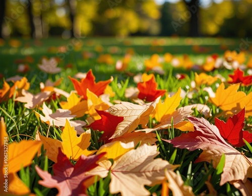 Autumn Leaves on Grass photo