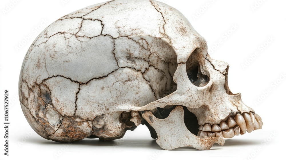 Human skull in high detail, isolated on white, all bone structures visible, scientific and medical illustration Human skull in high detail, isolated on white, all bone structures visible, scientific and medical illustration