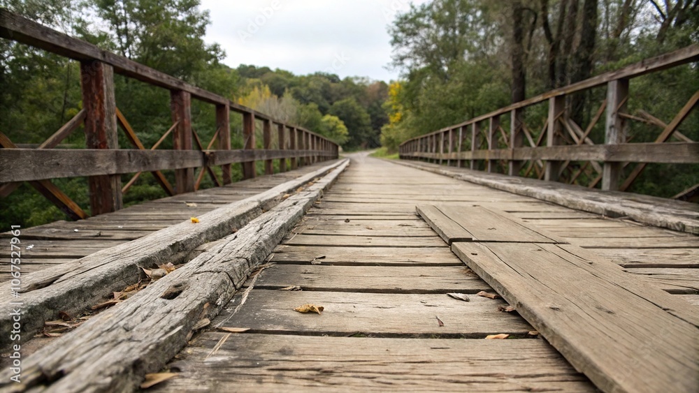 Fototapeta premium Close-up of worn, weathered wooden planks on a dilapidated bridge, wear, bridge, neglect, crumbling