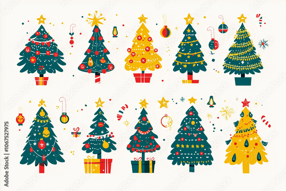 Set of Christmas tree emoji on a white background, each tree is decorated with unique decorations such as ornaments, stars, lights and garlands of bright colors Set of Christmas tree emoji on a white background, each tree is decorated with unique decorations such as ornaments, stars, lights and garlands of bright colors