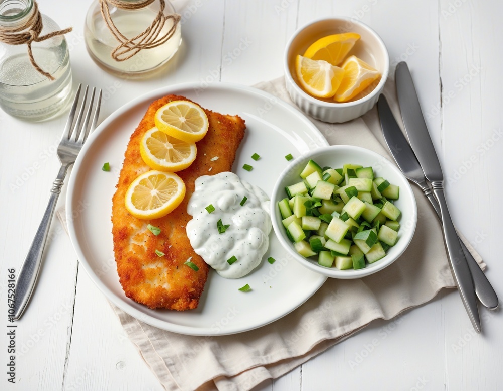 Crispy Fish Fillet with Cucumber Salad and Lemon Garnish