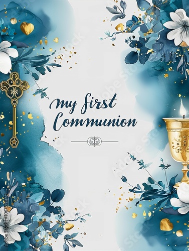 My first communion, written in stylish typography with subtle heart accents. card with pyx and holy rosary, chalice, host and lily flowers