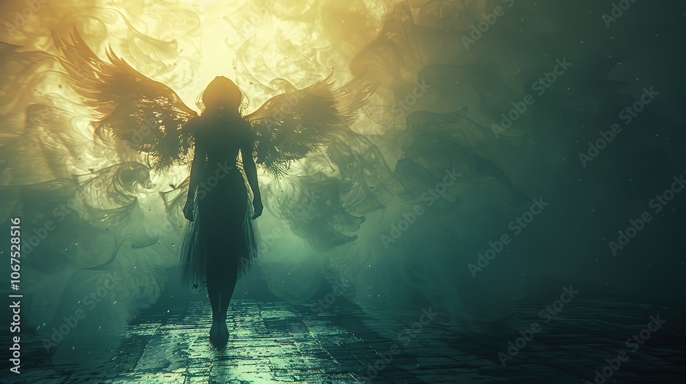 Fototapeta premium Hope concept with silhouette of woman projecting shadow with wings 