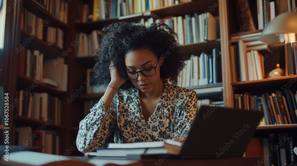 Thoughtful Woman Studying in a Library Surrounded by Books