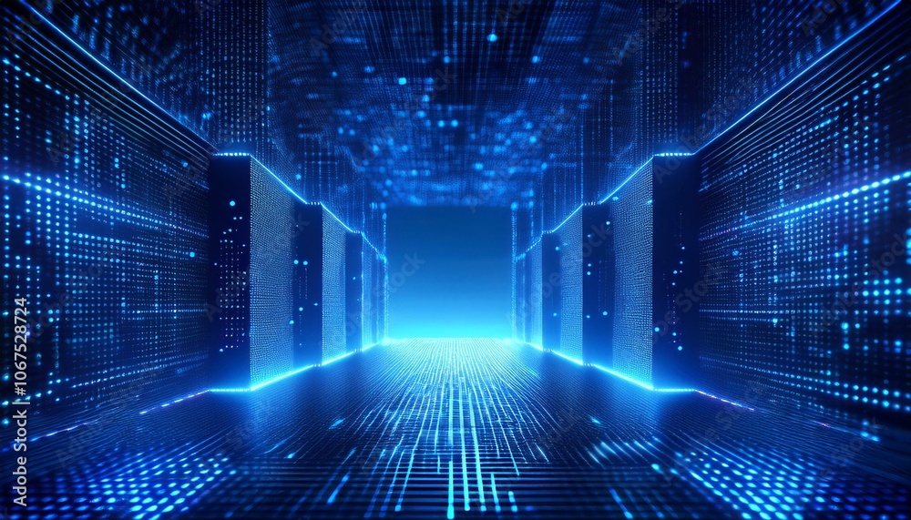 Data Center Corridor: A futuristic and abstract vision of a data center corridor, with glowing blue lights illuminating the rows of servers and a sense of depth and endless possibilities. Data Center Corridor: A futuristic and abstract vision of a data center corridor, with glowing blue lights illuminating the rows of servers and a sense of depth and endless possibilities.