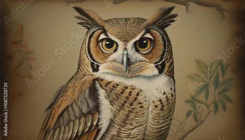 A replication of an old art print of a great horned owl. A hint of texture makes it look like an old painting. photo