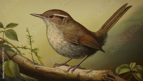 A replication of an old art print of a house wren perched on a branch. A hint of texture makes it look like an old painting. photo