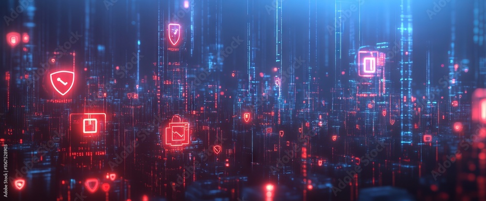 Fototapeta premium Holographic Icons Representing Digital Security Above Abstract Cityscape. AI generated illustration