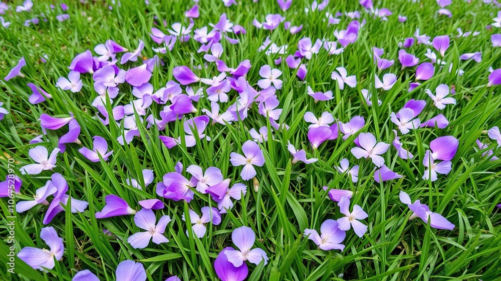 Delicate purple flower petals scattered on a green grassy meadow, flowers, spring Delicate purple flower petals scattered on a green grassy meadow, flowers, spring