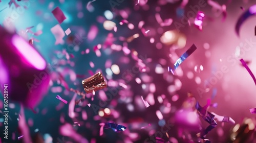 A shower of vibrant confetti suspended mid-air, with hues of pink and blue, evoking a festive atmosphere against a blurred, lively background. photo