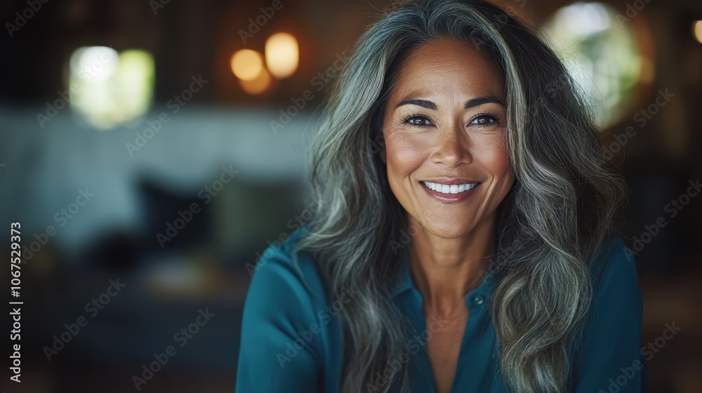 A graceful woman with long gray hair wearing a teal shirt smiles warmly indoors, emanating elegance and wisdom in a beautifully lit, cozy environment. A graceful woman with long gray hair wearing a teal shirt smiles warmly indoors, emanating elegance and wisdom in a beautifully lit, cozy environment.