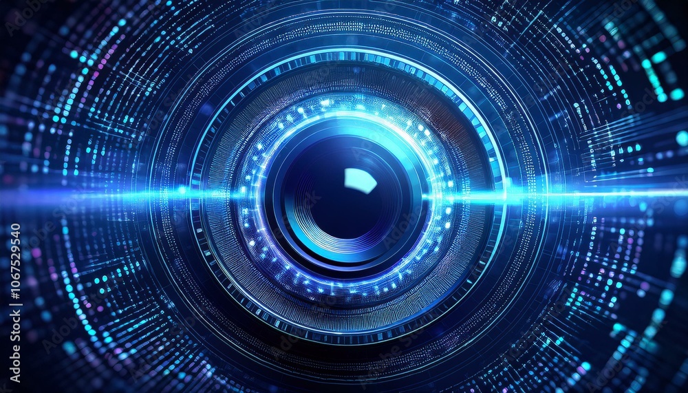 Cybernetic Eye: Futuristic lens technology, digital data streams, and glowing blue hues create a captivating image of advanced surveillance or innovative camera technology. Cybernetic Eye: Futuristic lens technology, digital data streams, and glowing blue hues create a captivating image of advanced surveillance or innovative camera technology.