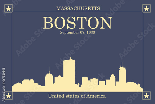 Poster of cream colored city skyline of city of Boston with blue background with inscription of the name of the city, date of establishment and US state