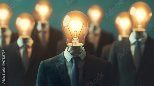 Business people in dark suits with glowing lightbulb heads representing innovation and creative leadership among corporate crowd, copy space