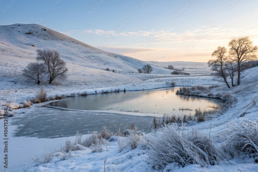 Frosty winter landscape with snow-covered hills and a frozen pond, frozen pond, landscape, winter, forest