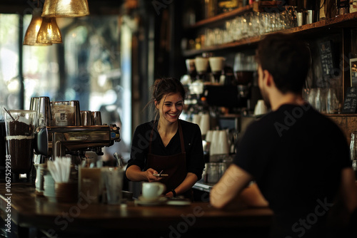 Woman sits at bar with man behind, chatting. Glasses clink, soft light, cozy ambiance. A moment captured in a busy nightspot.