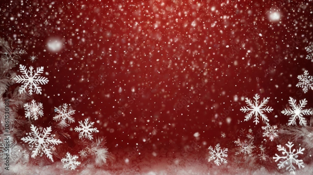 Snow falling on red christmas background with snowflakes Snow falling on red christmas background with snowflakes