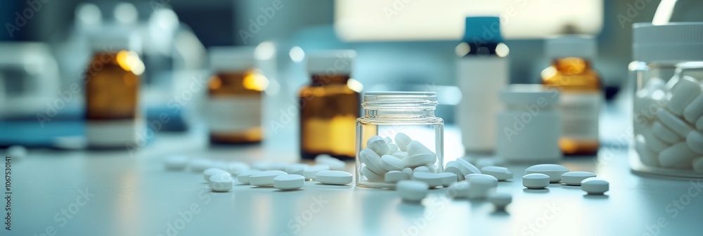 Close-Up of Pills and Bottles with Laboratory Background. AI generated illustration Close-Up of Pills and Bottles with Laboratory Background. AI generated illustration