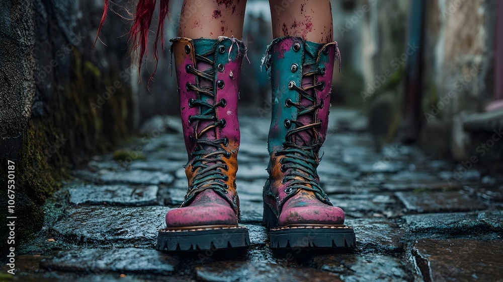 Colorful Boots on Cobblestone Street Colorful Boots on Cobblestone Street