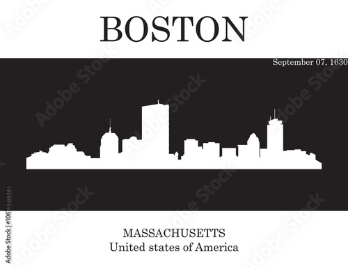 White colored city skyline of city of Boston with black and white background with inscription of the name of the city, date of establishment and US state