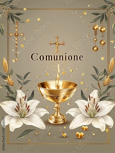 My first Comunione, written in stylish typography with subtle heart accents. card with pyx and holy rosary, chalice, host and lily flowers photo