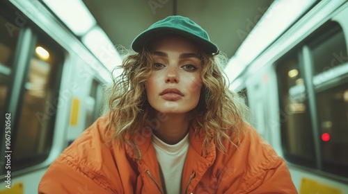 A young woman with curly hair in an orange jacket and cap poses confidently inside a subway train, reflecting urban style and self-assuredness in public transit. photo