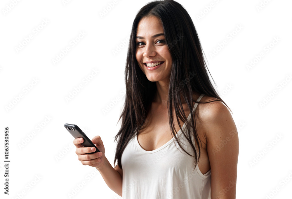 Smiling young woman holding smartphone. Smiling young woman holding smartphone.