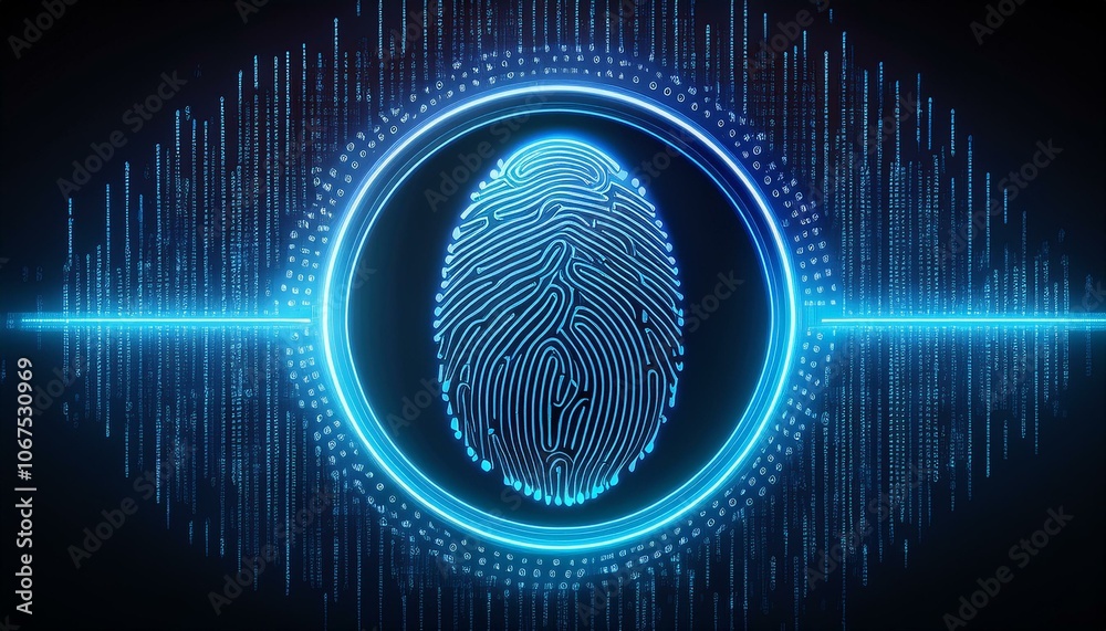 Digital Fingerprint Security: A close-up shot of a digital fingerprint, glowing in vibrant blue against a dark background, with a digital line and circle. This image evokes a sense of security. Digital Fingerprint Security: A close-up shot of a digital fingerprint, glowing in vibrant blue against a dark background, with a digital line and circle. This image evokes a sense of security.