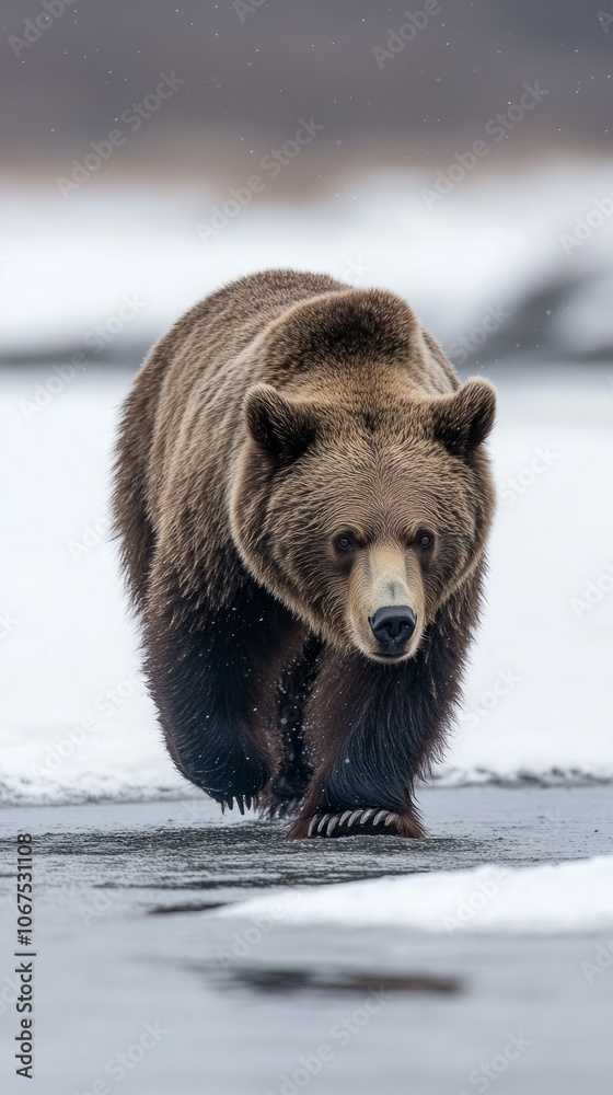 Fototapeta premium Majestic Grizzly Bear Walking Through Snowy Landscape
