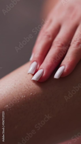 Wallpaper Mural Woman touches hair on leg ankle indoors closeup. Elegant lady shows hairy leg after before depilation procedure at home. Beauty routine and procedures Torontodigital.ca