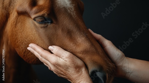 A tranquil close-up photo of a horse's face being gently cradled by a pair of human hands, depicting a serene moment of human-animal connection and trust.