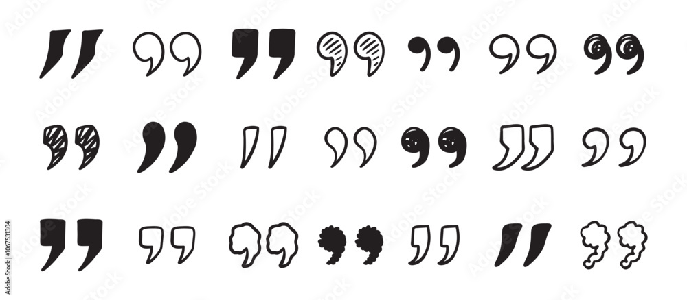 Quotation mark doodle hand drawn set. Quotation marks drawing for quotes template Quotation mark doodle hand drawn set. Quotation marks drawing for quotes template