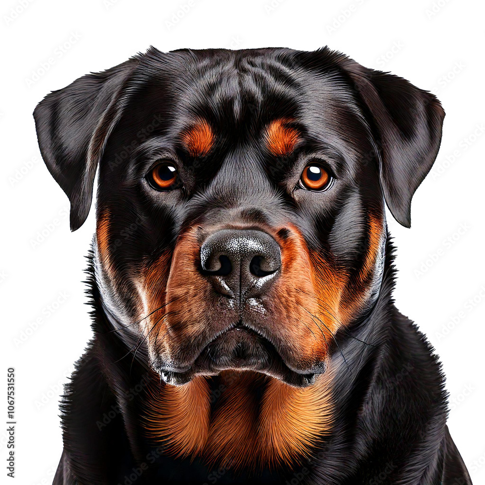 Close-Up of a Serious Rottweiler with Distinctive Black and Brown Markings, Isolated on Transparent Background Close-Up of a Serious Rottweiler with Distinctive Black and Brown Markings, Isolated on Transparent Background