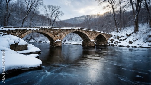 A picturesque bridge over a river in winter, with snow gently falling and trees blanketed in frost, creating a quiet, magical scene