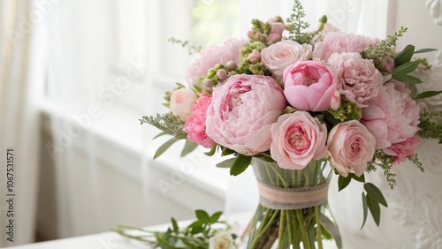 Pink peonies and roses in a vase filled with fresh greenery, against a soft white or cream background, pink roses, pink peonies, home decor