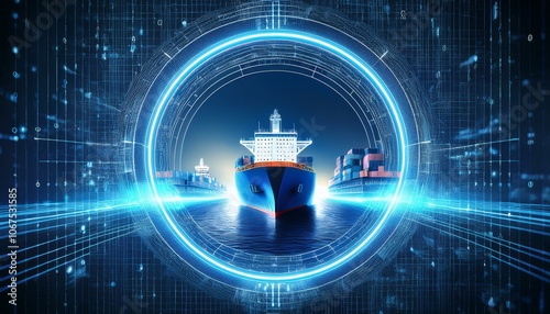 Digital Ship Navigation: Futuristic illustration of a cargo ship at the center of a glowing digital interface, symbolizing advanced technology in maritime transport. 