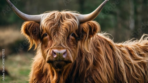 Highland cow posing in a field with lush green grass