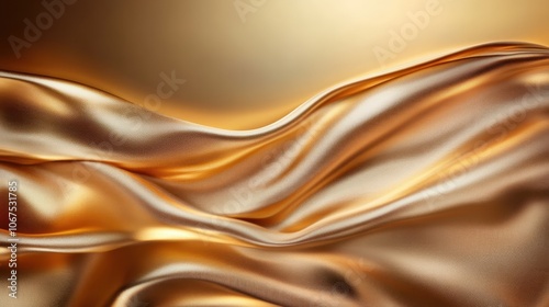 This image features luxurious golden silk fabric elegantly draped in soft, fluid waves, capturing the essence of elegance and sophistication in warm golden hues.