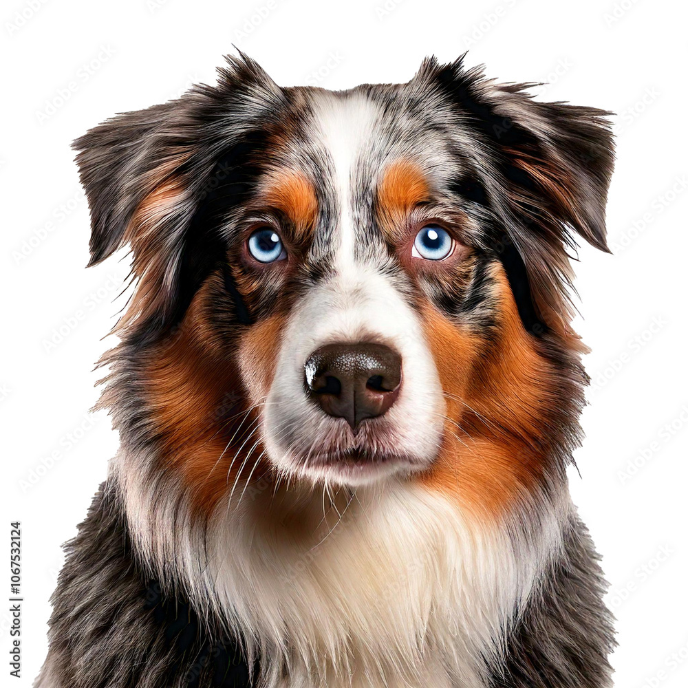 Close-Up of an Australian Shepherd with Blue Eyes and Merle Coat, Isolated on Transparent Background for a Distinctive Look Close-Up of an Australian Shepherd with Blue Eyes and Merle Coat, Isolated on Transparent Background for a Distinctive Look