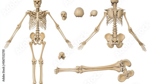 Realistic human skeleton, isolated on a white background, anatomical study, full-body view, high detail, educational resource 