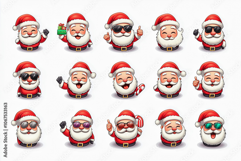 Funny Santa Claus emojis on a clean white background, each Santa with a unique and playful expression. Funny Santa Claus emojis on a clean white background, each Santa with a unique and playful expression.