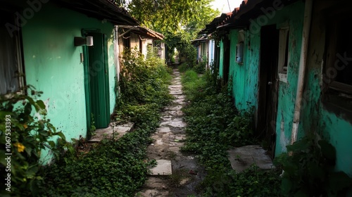 An overgrown alleyway lined with turquoise-painted buildings, with lush plants reclaiming the stone path, creating a rustic and nostalgic ambiance. photo