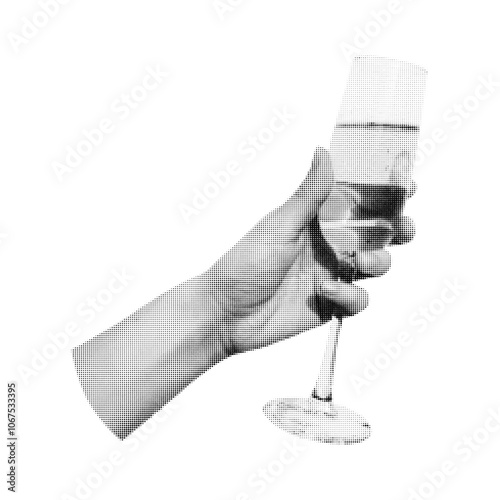 Woman's hand holds a glass of champagne and white wine. Cheers. Festive toast. Congratulation. Halftone effect. Vintage style. Celebrating Christmas, New Year, party and wedding. Vector illustration.