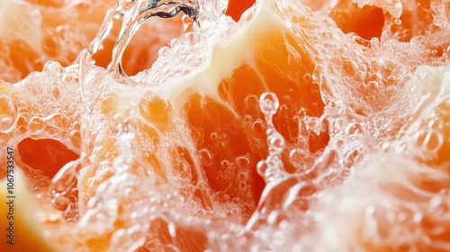 A macro shot of orange pulp interacting with rushing water, capturing the dynamic motion and vibrant textures of citrus refreshment in a unique perspective.