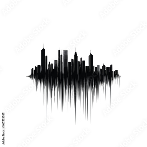 silhouette of a city skyline with tall skyscrapers on a white background,