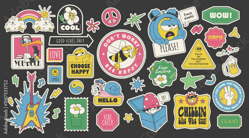 groovy 90s stickers, collection of cute retro stickers, vector illustration