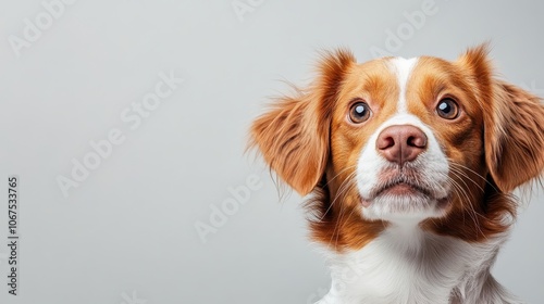 A close-up photo of an adorable brown and white dog with expressive eyes, projecting curiosity and alertness, set against a simple backdrop.