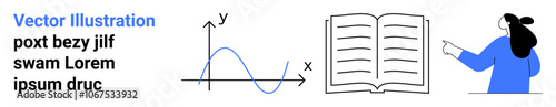 Mathematical graph, open book with blank pages, and woman pointing towards the text. Ideal for education, e-learning, presentations, research, data analysis, literary studies, instructional