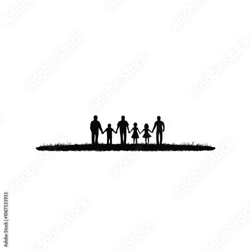 Silhouette of a family holding hands against a white background