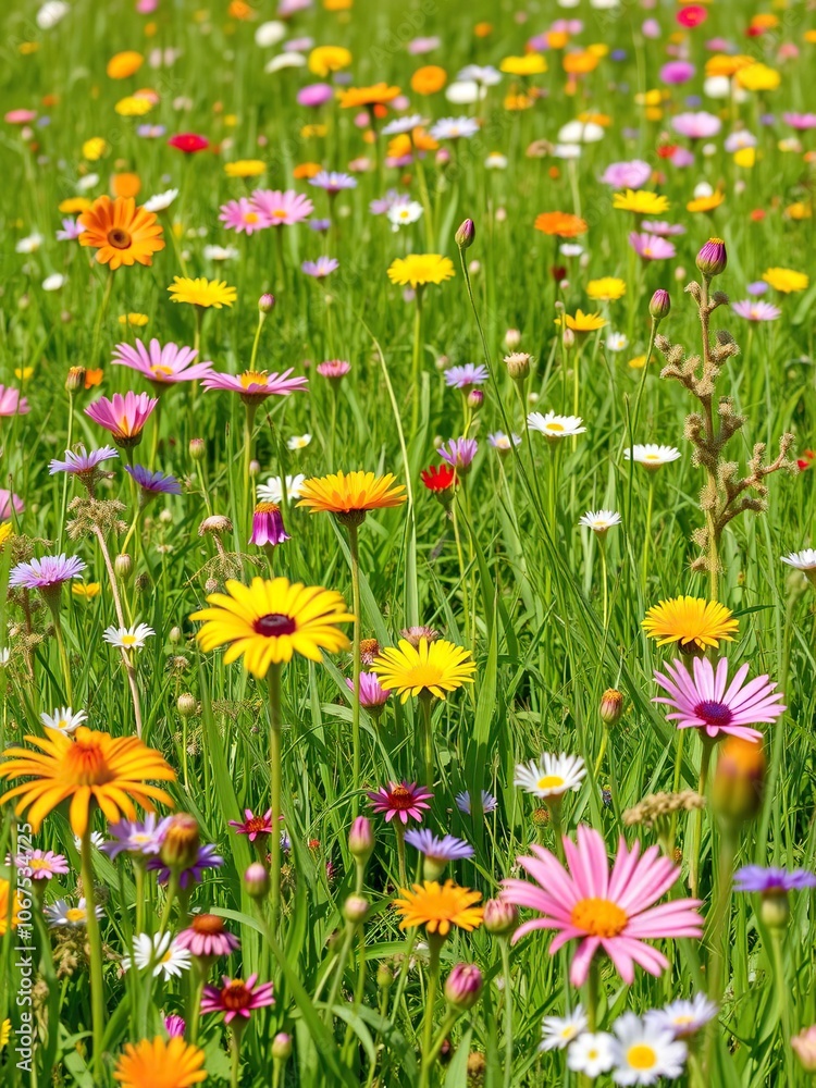 Vibrant grassland in spring with a variety of colorful wildflowers blooming, spring, colorful, plant Vibrant grassland in spring with a variety of colorful wildflowers blooming, spring, colorful, plant